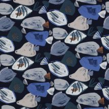 Tissu Toile Canvas Poissons Sur Fond Bleu Ardoise - Au Mètre - Craftine