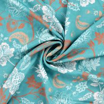 Tissu Voile Ibiza Fleuris Sur Fond Bleu Turquoise - Au Mètre - Craftine
