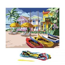 Kit Complet Canevas 15 X 20 Cm Paysage Caraïbes Barques - Distrifil