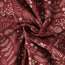 Tissu Toile De Coton Céleste Végétaux D'Hiver Sur Fond Bordeaux - Au Mètre - Craftine