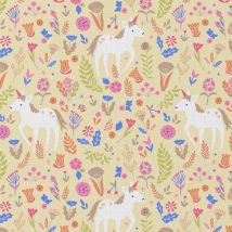 Tissu Coton Enduit Licorne Fleuris Sur Fond Jaune - Au Mètre - Craftine