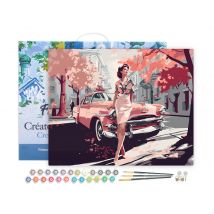 Peinture Par Numéro Figured'art Avec Cadre - Femme Et Voiture Classique Rose - Kit De Loisir Créatif Diy Numéro D'Art Complet - 40x50cm Toile Tendue