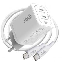 Jaym Chargeur Secteur 2 Usb-c Gan 65w Pd-pps Avec Câble Usb-c Vers Usb-c 100w 2m Blanc