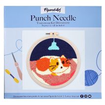 Figured'art Punch Needle Kit Complet Pour Adultes Et Enfants - Chat Dans Son Couffin - Parfait Pour Débutant. Set Prêt À Broder Taille 20x20cm Avec