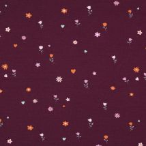 Tissu Jersey Coton Petites Fleurs Et Coeurs Sur Fond Bordeaux - Au Mètre - Craftine