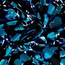 Tissu Viscose Dahlia Touché Satin Fleurs Abstraites Bleu Roi Et Turquoise Sur Fond Noir - Craftine