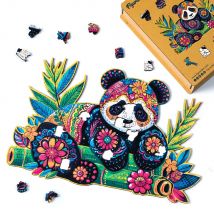 Puzzle En Bois Adulte Et Enfant Figured'art 200 Pièces Animaux - Panda Floral - Design Original 34x22,5 Cm Forme Unique Avec Coffret En Bois Premium,