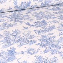 Tissu Coton Imprimé Grande Largeur Jouy Bleu Sur Fond Blanc Cassé - Au Mètre - Craftine