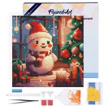 Mini Diamond Painting Broderie Diamant Figured’art 25x25cm Toile Tendue Sur Châssis En Bois - Diamants Ronds - Joyeux Bonhomme De Neige Dans La 