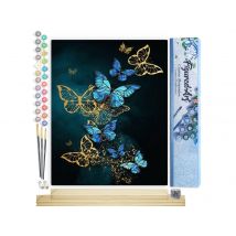 Peinture Par Numéro Figured'art - Papillons Féériques Bleus Et Dorés - Kit De Loisir Créatif Diy Numéro D'Art Complet - 40x50cm Toile Roulée + Châssis