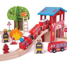 Jeu En Bois - Ensemble De Train De Caserne De Pompiers - Bigjigs Toys