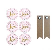 Autocollants 3d Ø 4 Cm Love Sur Fond Rose Clair + 20 Étiquettes Kraft Fanion - Youdoit