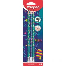 6 Crayons Graphite - Hb - N°2 - Embout Gomme - Ergonomique - Maped - Pixel Party