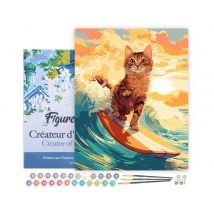 Peinture Par Numéro Figured'art Avec Cadre - Chat Surfeur - Kit De Loisir Créatif Diy Numéro D'Art Complet - 40x50cm Toile Tendue Sur Châssis
