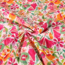 Tissu Voile De Coton Digital Motif Floral Coloré Sur Fond Blanc - Au Mètre - Craftine