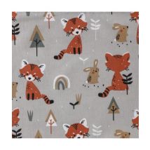 Tissu Coton Enfant Renard Dans La Forêt Lin Gris Vendu Au Mètre - Distrifil