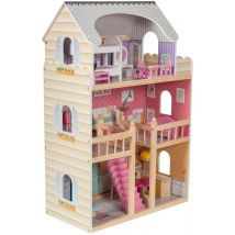Grande Maison De Poupées Bois, Éclairage Led 60x30x90 Cm - 3 Étages Terrasse & Accessoires - Mamabrum