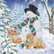 Kit Carte Broderie Diamant Chiots Bonhomme Neige 18x18cm - Crystal Art