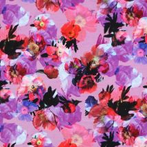 Tissu Sweat Léger French Terry Digital Fleurs Violettes Et Roses Sur Fond Parme - Craftine