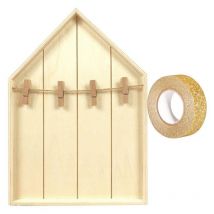 Etagère Maison Bois Avec Pinces À Linge 19 X 28 Cm + Masking Tape Doré À Paillettes 5 M - Youdoit