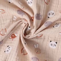 Tissu Double Gaze De Coton Animaux Tendres Sur Fond Beige Nougat - Au Mètre - Craftine