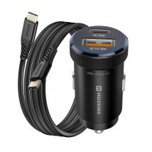 Swissten Chargeur Voiture Usb-c 20w / Usb-a Qc 3.0 18w Avec Câble Usb-c 60w Noir
