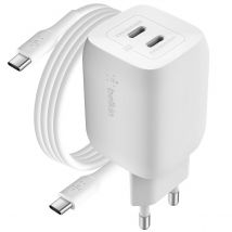 Belkin Chargeur Secteur Rapide Double Usb-c Gan 65w Pd Et Pps Compact Avec Câble Usb-c Blanc