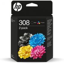 Pack De 2 Cartouches D'Encre Hp 308 Authentiques Noire Et Tricolore (6l6s6ue) Pour Hp Envy 6110, 6120, 6130, 6520, 6530