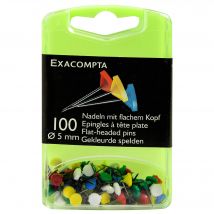 Boîte De 100 Épingles À Tête Plate Unie - Hauteur De Pointe 8mm - 5mm De Diamètre - Couleurs Assorties - Exacompta