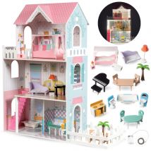 Grande Maison De Poupées Enfants En Bois, Éclairage Led, 3 Étages, Terrasse, Jardin & Accessoires - Mamabrum