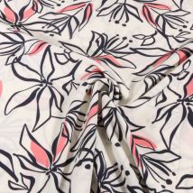 Tissu Stretch Imprimé Motifs Floraux Noir Et Rose Sur Fond Blanc - Craftine