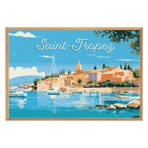 Tableau Mural Encadré Illustration Port De Saint-tropez 65x97 Cm - Ceanothe