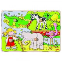 Puzzle En Bois Animaux Du Zoo 5 Pieces - Goki - Puzzle A Encastrer Avec Boutons - 57590 - Goki