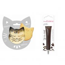 Kit Pour Biscuit En Relief Chat + Stylo Au Chocolat Marron - Scrapcooking