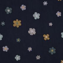 Tissu Voile De Coton Brodé Petites Fleurs Sur Fond Bleu Marine - Au Mètre - Craftine