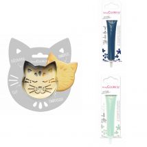 Kit Pour Biscuit En Relief Chat + 2 Stylos Au Chocolat Bleu Nuit Et Vert D'Eau - Scrapcooking