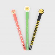 Lot De 3 Stylos Effaçables Mr Wonderful - Bobo Abeille, Fleur Et Champignon - Pointe Moyenne