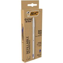 Stylo Rechargeable En Plastique Recyclé + 2 Recharges - Bleu - Cristal Re'new - Pointe Moyenne - Bic - Métal Argent À Capuchon - BIC