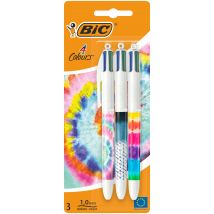 Lot De 3 Stylos Bille 4 couleurs Bic - Tie & Dye - Bleu, Rouge, Vert, Noir - Pointe Moyenne