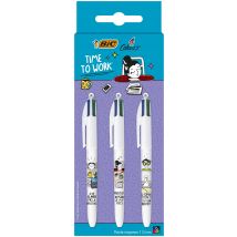 Lot De 3 Stylos Bille 4 couleurs Bic - Time To Work - Bleu, Rouge, Vert, Noir - Pointe Moyenne