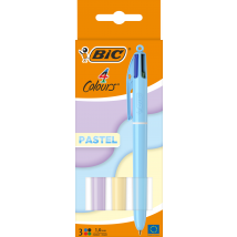 Lot De 3 Stylos Bille 4 Couleurs Bic - Pastel - Bleu / Rouge / Vert / Noir - Pointe Moyenne