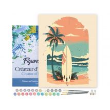 Peinture Par Numéro Avec Cadre Figured'art - Planche De Surf Sur La Plage - Toile Tendue Sur Châssis - 40 X 50cm