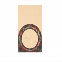 Lot De 8 Porte-couverts « Joyeux Noël » Scottish Christmas - Papier Kraft - Tartan Rouge, Vert Et Or - 10 X 20 Cm - Artyfêtes