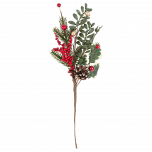 Branche Avec Feuillages Baies Et Pommes De Pin - Vert, Rouge Et Or - 40 Cm - Artyfêtes