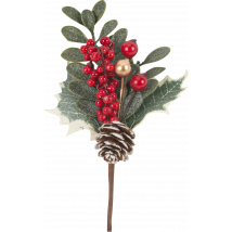 Branche Avec Feuillages Baies Et Pommes De Pin - Vert, Rouge Et Or - 14 Cm - Artyfêtes