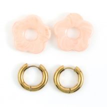Kit Boucles D'Oreilles Créoles - Fleurs Roses - Acier Inoxydable - Créalia