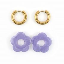 Kit Boucles D'Oreilles Créoles - Fleurs Lilas - Acier Inoxydable - Créalia