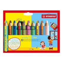 Lot De 10 Crayons Multi-talents Pointe Extra-large + 1 Taille-crayons - Stabilo - Couleurs Assorties - Woody 3 In 1 - Stabilo