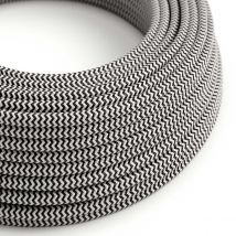 2,5 Mètres Câble Textile - L'Original Creative-cables - Rz04 Rond 2x0.75mm - Noir Charbon Et Blanc Optique Zigzag Brillant - Creative Cables
