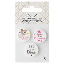 3 Boutons À Message - 20 Mm - Princesse - Com 1 Idée